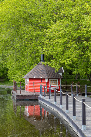Moscow, Russia - June 03, 2022: fisherman's house on the shore of the reservoir.のeditorial素材