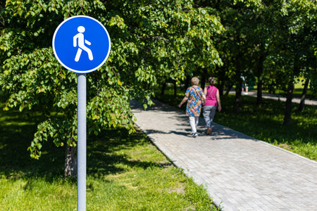 Moscow, Russia - June 09, 2022: a sign in the park indicating a pedestrian zone. high quality photoのeditorial素材
