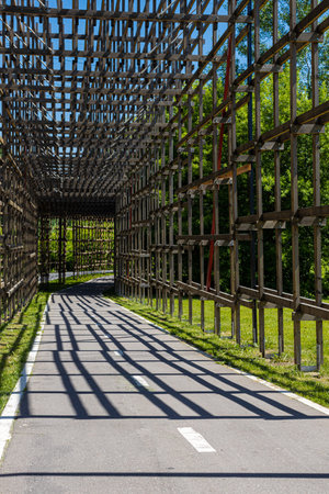 passage in the park protected by a wooden cage. high quality photo