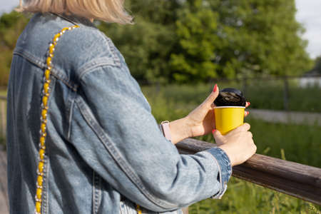 woman opens the lid of a disposable coffee cup. high quality photoの写真素材