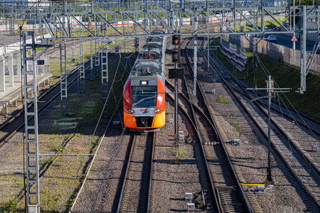 Moscow, Russia - July 01, 2022: red train goes on rails. high quality photoのeditorial素材