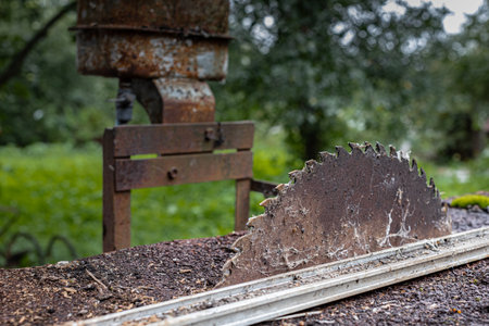 rusty disc with teeth on an old machine. rusty machine at an old sawmill