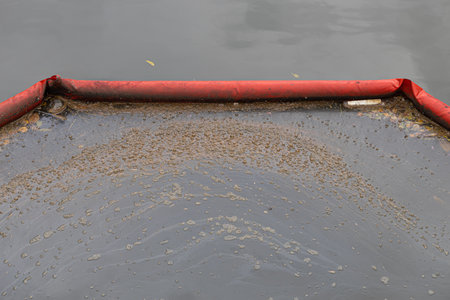 dam for water purification in the river. water purification barrier. cleaning deviceの写真素材