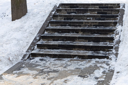 steps on the street covered with ice. snow covered stairs. street stairs in winter