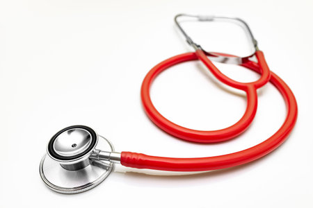 medical stethoscope lies on a white background. stethoscope on white background. medical instrument. medical backgroundの写真素材
