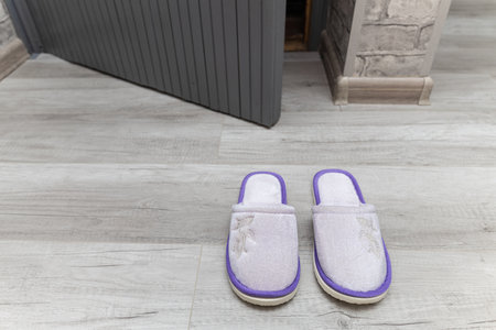 home slippers stand near the threshold of the house. slippers on the doorstep.の写真素材