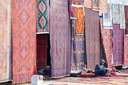Moscow, Russia - April 22, 2023: oriental street market. oriental carpet market. oriental utensils. high quality photoのeditorial素材