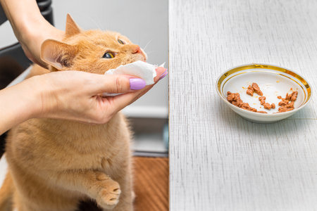 woman wipes cat's chin after he has eaten. man feeding a cat. woman caring for a cat. cat sitting at the tableの写真素材