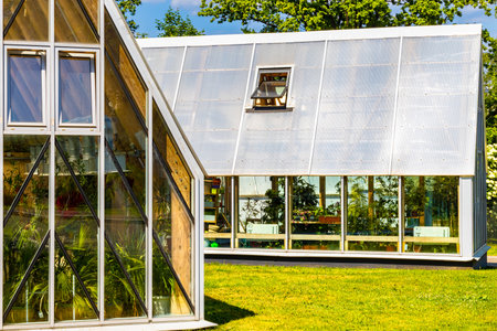 greenhouse glass building for growing fresh flowers. Greenhouse - an extension or building for growing plants, an artificial ecosystem.の写真素材