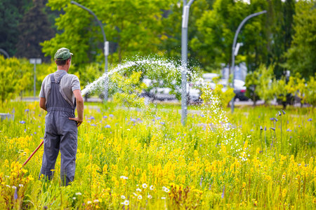 Moscow, Russia - June 22, 2023: gardener watering a meadow with flowers in the park. gardener watering the lawnのeditorial素材