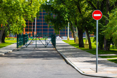 road sign prohibiting access to the territory. no traffic sign. ban on access to the buildingの写真素材