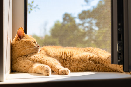 domestic cat sleeps on the window in the sun. cat basking in the sun. high quality photoの写真素材
