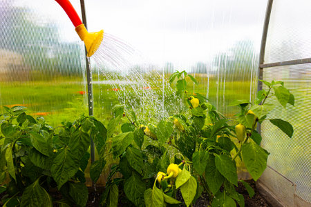 watering peppers growing in a greenhouse. a man waters a bush with peppers from a watering can. growing peppers in a greenhouseの写真素材