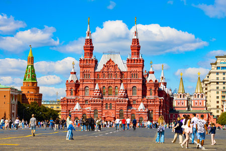 Moscow, Russia - August 19, 2023: Historical Museum on Red Square. view of the red square