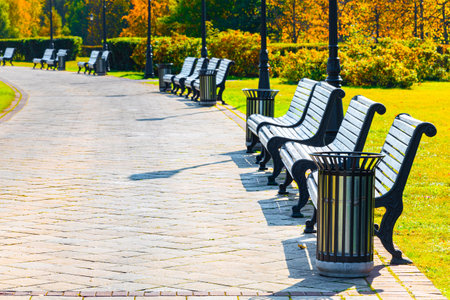 empty bench without people in autumn park. alley in autumn parkの写真素材