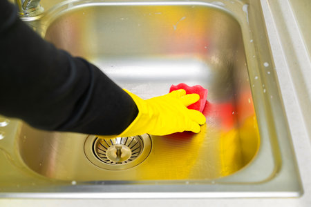 Hand of woman cleaning the kitchen counter and sink at home. woman washing sink in kitchen. Housewife doing housework concept. . High quality photoの写真素材