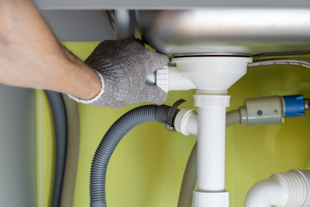 Repairing a pipe in the kitchen under the sink. kitchen plumbing repairs. fix water plumbing leaks, replace the kitchen sink drain, cleaning clogged pipes is dirty or rusty. High quality photoの写真素材