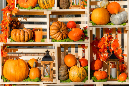 pumpkins of various varieties lie on a rack. pumpkin festival. Halloween pumpkin. High quality photoの写真素材