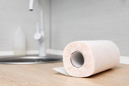 A roll of paper towel lies on the kitchen table. paper towel in the kitchenの写真素材