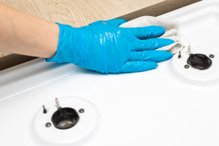 housewife in rubber gloves wipes gas stove. home gas stove care. a gloved hand wipes a gas stove....