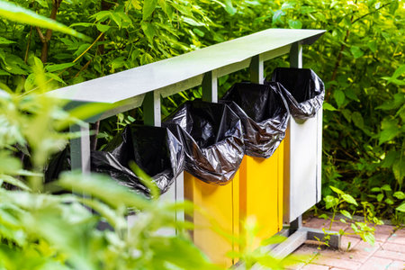 colored trash container in the park, close-up. trash can in the forest. High quality photoの写真素材