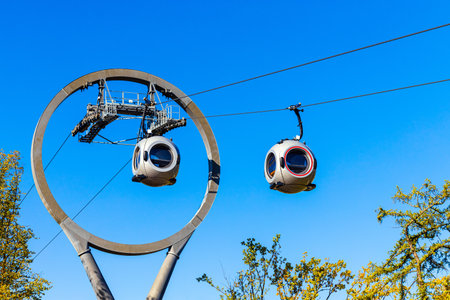 a cable car with round passenger cabins. aerial tram station. High quality photoの写真素材
