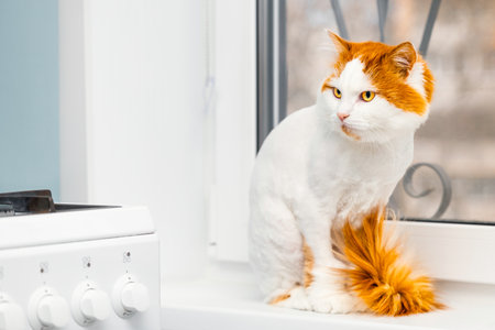 white cat with red head sits on windowsill in kitchen. white cat in the home kitchen. white and red cat. cat in home interiorの写真素材