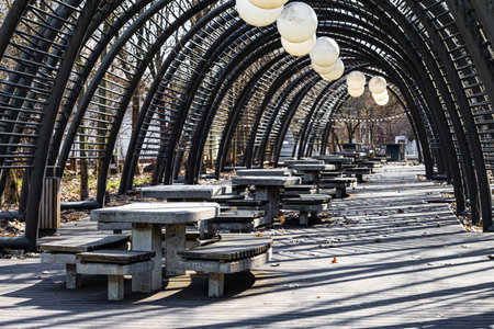 tables for playing board games in the park. outdoor board gamesの写真素材
