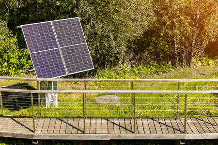 solar panel stands in the park, close-up. solar panel in the park. High quality photo
