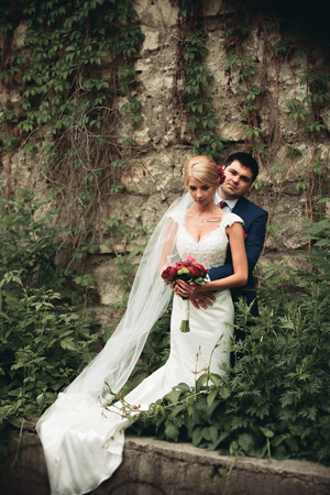Stylish beautiful couple of happy newlyweds on a walk in the sunny autumn park on their wedding day.の写真素材