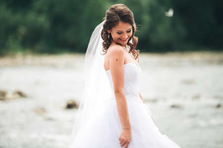 Beautiful luxury young bride in long white wedding dress and veil standing near river with mountains on background.の写真素材