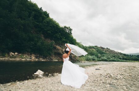 Beautiful luxury young bride in long white wedding dress and veil standing near river with mountains...