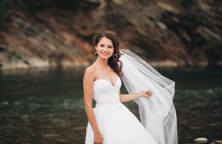 Beautiful luxury young bride in long white wedding dress and veil standing near river with mountains on background.の写真素材