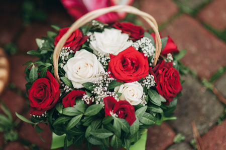 Wonderful luxury wedding bouquet of different flowers.の写真素材