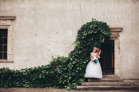 Happy wedding couple hugging and smiling each other on the background gorgeous plants in castle.の写真素材