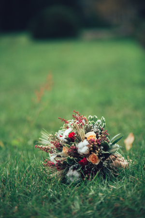 Wonderful luxury wedding bouquet of different flowers.の写真素材