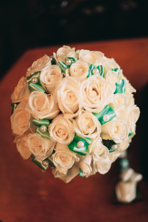 Wonderful luxury wedding bouquet of different flowers.の写真素材