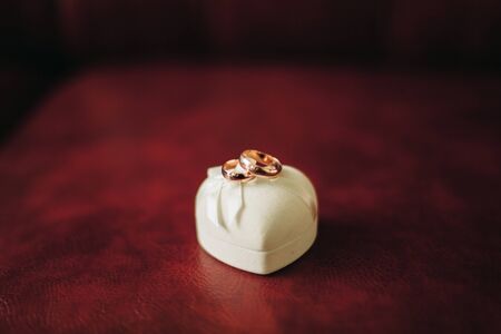 luxury wedding rings with stylish decoration near them.の写真素材