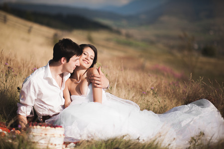 Beautiful wedding couple at picnic with fruit and cake on a background of mountains.の写真素材