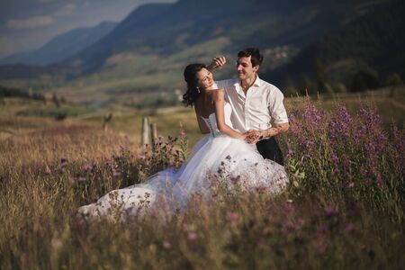 Romantic fairytale couple newlyweds kissing and embracing on a background of mountains.の写真素材