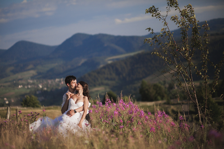 Romantic fairytale couple newlyweds kissing and embracing on a background of mountains.の写真素材