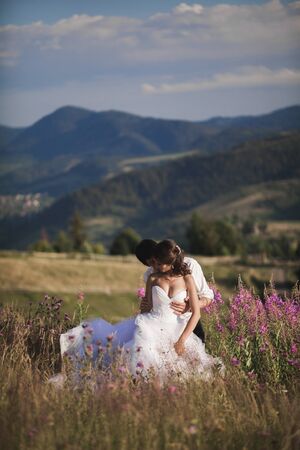 Romantic fairytale couple newlyweds kissing and embracing on a background of mountains.の写真素材