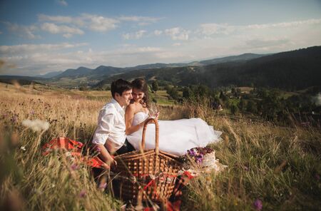 Beautiful wedding couple at picnic with fruit and cake on a background of mountains.の写真素材