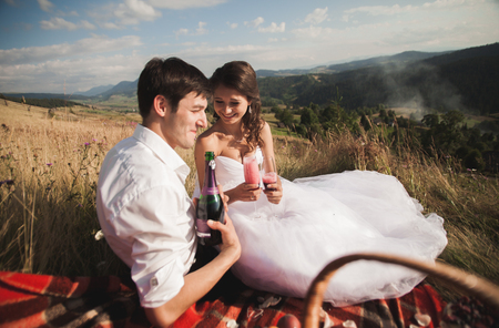 Beautiful wedding couple at picnic with fruit and cake on a background of mountains.の写真素材