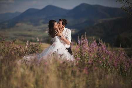 Romantic fairytale couple newlyweds kissing and embracing on a background of mountains.の写真素材