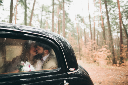 Romantic fairytale wedding couple, bride and groom, kissing and embracing in pine forest near retro car.の写真素材