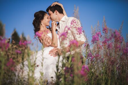 Romantic fairytale couple newlyweds embracing on a background of mountains.の写真素材