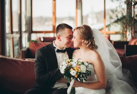 wedding couple in hotel.の写真素材