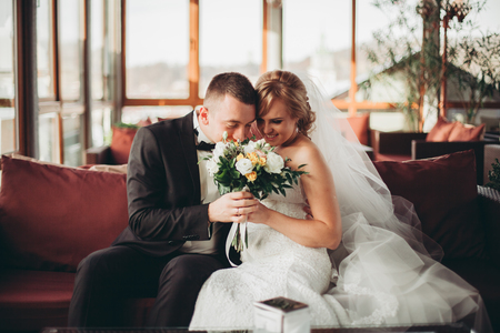 wedding couple in hotel.の写真素材