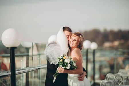 Stylish beautiful wedding couple kissing and hugging on background panoramic view of the old town.の写真素材